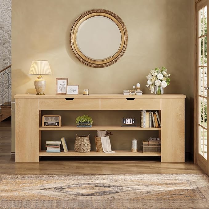 71.8" Extra Long Console Table, Farmhouse Sofa Table with Generous Storage and Built-in Outlet, Sturdy Entryway Table for Living Room, Entrance, Hallway, Foyer, Natural Wood