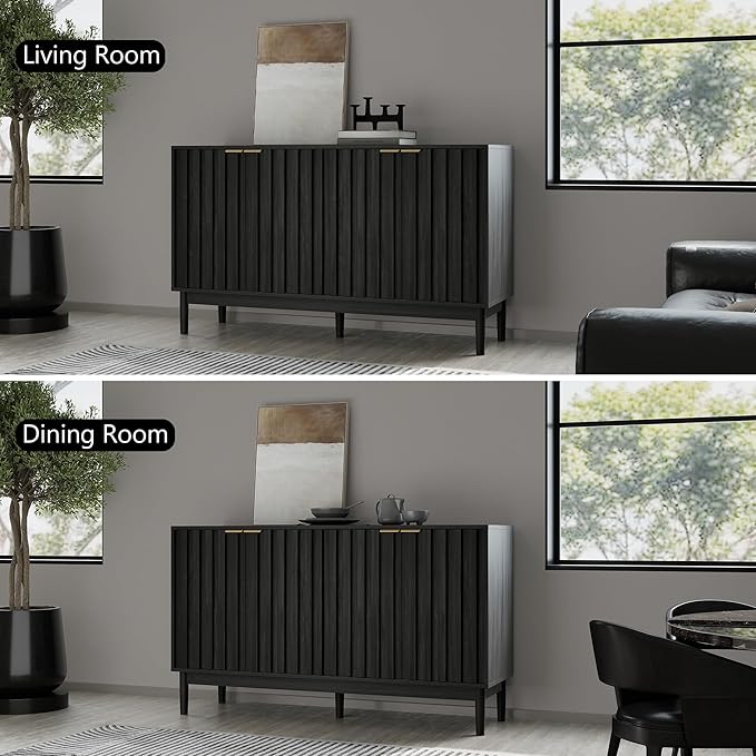 Fluted Cabinet with Storage, Buffet Cabinet Sideborad with 4 Doors, Black Buffet Storage Accent Cabinets with Adjustable Shelves for Living Room, Entry, Hallway, Kitchen