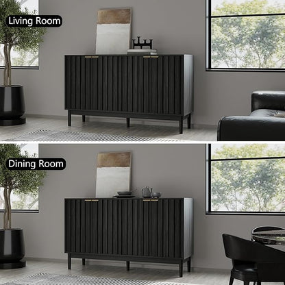 Fluted Cabinet with Storage, Buffet Cabinet Sideborad with 4 Doors, Black Buffet Storage Accent Cabinets with Adjustable Shelves for Living Room, Entry, Hallway, Kitchen