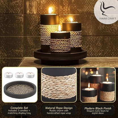 IYARA CRAFT Tealight Candle Holders with Tray – Set of 3 Rustic Black Wooden Candle Holders with Natural Rope Accent, Cozy Centerpiece for Romantic Dinner Table Decor, Anniversary & Housewarming Gifts