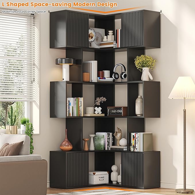 Semoic 71 inch Corner Bookshelf, 5 Tier Storage Bookcase, L-Shaped Cube Bookshelf, Wood Modern Book Shelf Organizer for Living Room/Home Office/Bedroom Display Unit, Black
