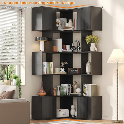Semoic 71 inch Corner Bookshelf, 5 Tier Storage Bookcase, L-Shaped Cube Bookshelf, Wood Modern Book Shelf Organizer for Living Room/Home Office/Bedroom Display Unit, Black