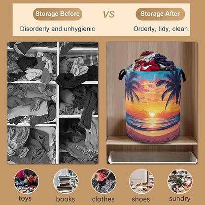 Laundry Hamper,Tropical Palm Laundry Basket,Sunset Sea Beach Waterproof Oxford Cloth Storage Basket with Handle for Clothes Books Nursery Home Storage Sundries 16"x20"