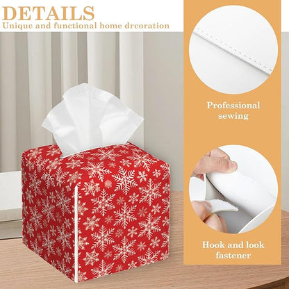 Tissue Box Cover Holder, Christmas Red Plaid Square with Bottom Belt by PU Leather Decorative Organizer for Tabletop, Bathroom, Car, Office