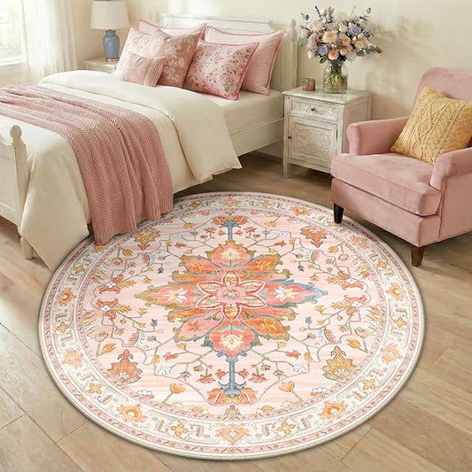 RELEANY Area Rugs Round 5ft Washable Non-Slip, Floral Vintage Distress Medallion Carpet for Living Room Bedroom Dining Room, Light Pink Colorful