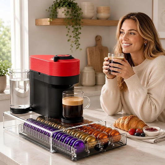 Coffee Pod Drawer Organizer for Nespresso Vertuo Pods,Acrylic Coffee Pod Holder Holds 40 Large or 60 Small Capsules or 28 K-Cups,Pull-Out Drawer with Anti-Slip Base for Home & Office,Matte Black