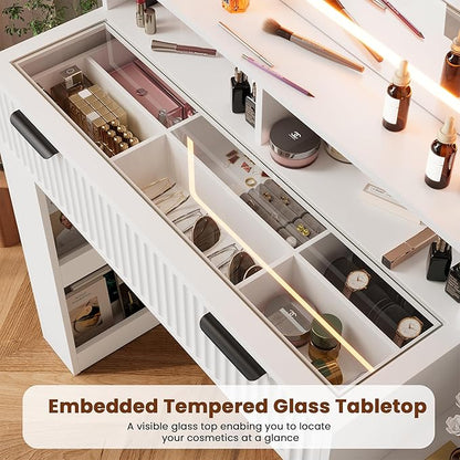 HAIOOU Makeup Vanity Desk with Mirror and Lights, 47.3''x 15.8''x 52'' White Fluted Vanity Desk with Charging Station, Glass Top Vanity Table with 4 Drawers & 3 Open Storage Shelves for Bedroom