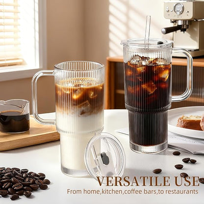 Iced Coffee Cups with Lids: Coffee Bar Accessories - Ribbed Glass Tumbler with Straw and Lid 4 Pack - 24oz Tumbler Leak Proof - Glass Cups and Tumblers with Lid and Straws - Coffee Tumbler with Handle