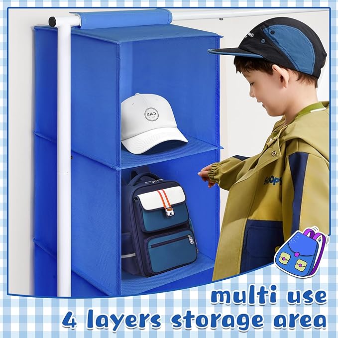 Univivi Kids Dress Up Rack with Hanging Organizer, Child Dress Up Storage for Hanging Clothes, Dance Costume Garment Rack for Baby Clothes, Dance Costumes, Blue/White