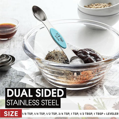 Spring Chef Stainless Steel Magnetic Measuring Spoons Set of 8 with Leveler, Nesting Metal Teaspoon & Tablespoon Measuring Spoons, Fits in Spice Jars, Kitchen Gadgets for Baking & Cooking - Aqua Sky