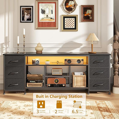 Furologee LED TV Stand for 65, 70 Inch TV, 63 Inch Entertainment Center with Power Outlets, 6 Fabric Drawers Dresser for Bedroom, Media Console with Open Shelves, PU Leather Surface, Black