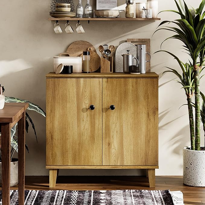Modern Storage Cabinet 3 in 1 Buffet Storage with Wood Legs and Adjustable Shelf for Dinnig Room Living Room Entryway, Brown Oak
