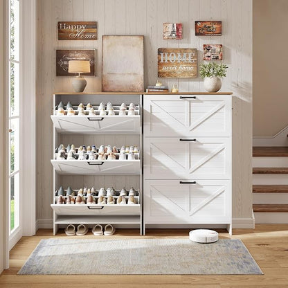 Shoe Storage Cabinet for Entryway, Nicetree Freestanding Shaker Barn Door Ultra Slim Shoe Cabinet With 3 Flip Drawers, Farmhouse Shoe Rack With 3-Tier Adjustable Shelves For Hallway Foyer Rustic-White