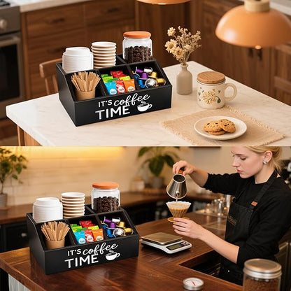 Coffee Station Organizer – Wooden Condiment Holder for Coffee Bar Accessories, Tea Bags, Pods, Stirrers – Rustic Countertop Storage Basket for Home & Office