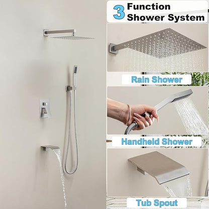 Brushed Nickel Shower System with 10-Inch Rain Showerhead and Tub Spout | cUPC-certified pressure balance brass valve to prevent scalding, CEC-certified air injection technology for low pressure