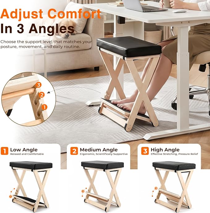Adjustable Foot Rest Under Desk, Solid Wood Ergonomic Under Desk Footrest with Detachable Memory Foam Pad, Double Layer Foot Stool and Leg Rest with 3-Level Angle, for Home Office Gaming Chair