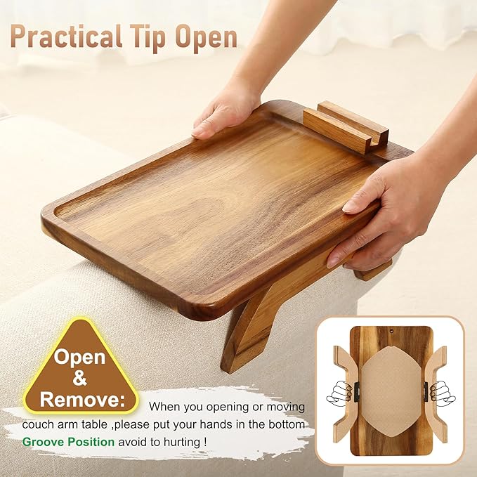 SINWANT Couch Arm Tray, Acacia Wood Sofa Arm Rest Table Clip on Wide Armrest,Folding Anti Slip Couch Armrest Table with 360° Rotating Phone Holder for Snacks,Drinks,Remotes
