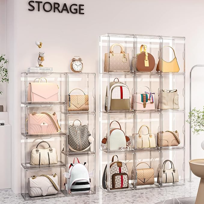4 Packs Clear Handbag Storage Organizer for Closet, Acrylic Display Case for Purse Handbag, Stackable Purse Organizer Storage Box with Magnetic Door for Wallet Book Toys Collectibles