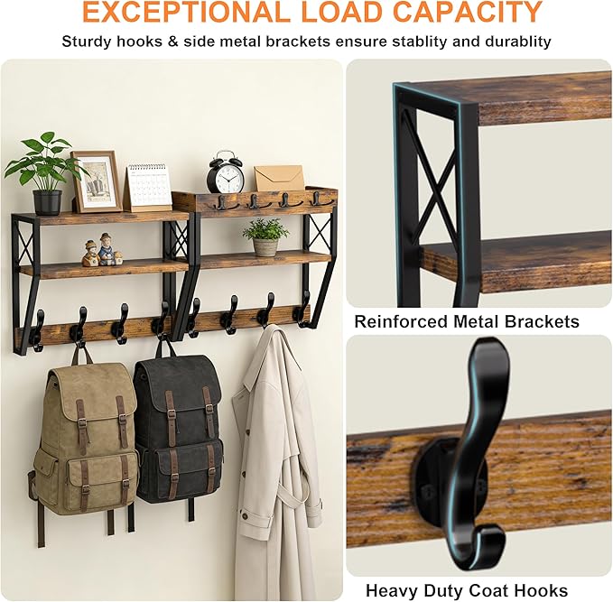 Upgraded 3-Tier Large Coat Rack Wall Mount with Shelf, 4 in 1 Versatile Coat and Key Hanger Wall Mount, 32-inch Entryway Wall Shelf with 12 Hooks and Mail Holder for Living Room Bedroom Bathroom