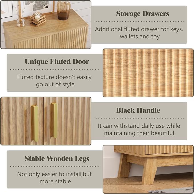 Shoe Cabinet Storage for Entryway with Doors, 4 Tier Fluted Shoe Organizer with 2 Drawers, Entryway Shoe Storage with Adjustable Shelves, Freestanding Hidden Shoe Rack for Front Door Entrance, Oak