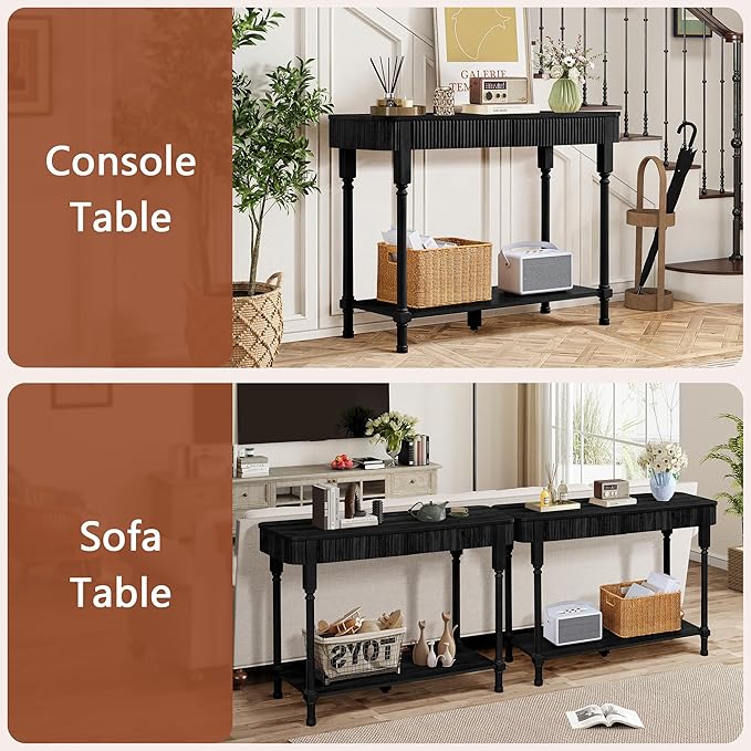 Fluted Console Table for Entryway, 43.3'' Narrow Entryway Tables with 2 Wooden Drawers, Retro Sofa Table Slim Behind Couch Accent Tables for Foyer, Living Room, Hallway (Black)