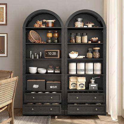 Farmhouse Arched Bookshelf, 7 Tiers Arch Bookcase with 2 Spacious Drawers, Modern Book Shelf with Open Display Shelves and Storage Cabinet, for Office, Living Room, Kitchen, Black