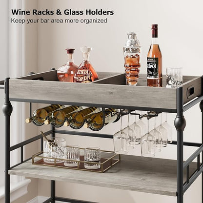 GarveeHome Bar Cart with Wheels, 3-Tier Serving Cart for Home, Mobile Rolling Beverage Cart with Wine Rack and Removable Tray for Kitchen, Dining, Living Room, 35.4" x 15.7" x 34.1", Grey