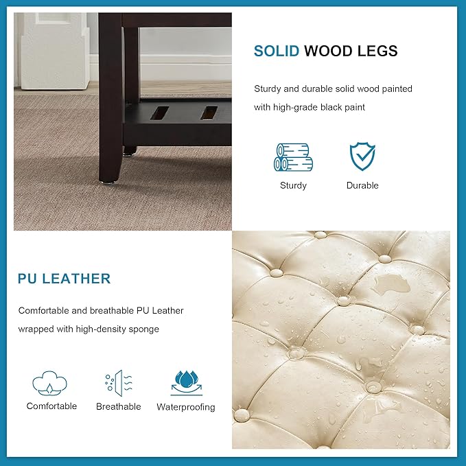 44" Ottoman Bench, Upholstered End of Bed Bench, Oversized Footrest with Wood Shelf torage Storage Bench for Bedroom, Entryway, Living Room, Beige(PU)