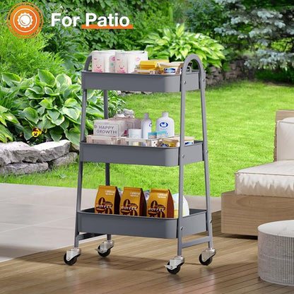 NEWBULIG 3-Tier Metal Rolling Cart with Lockable Wheels, Heavy Duty Mobile Utility Storage Shelf, Roller Book Snack Cart, Grey