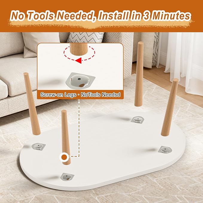 Coffee Table Low Table with Solid Wood Legs, 31.5x19.7 Large Coffee Table Side Table, Floor Table Desk for Sitting on The Floor, Living Room Furniture for Office Apartment Home, Oval White