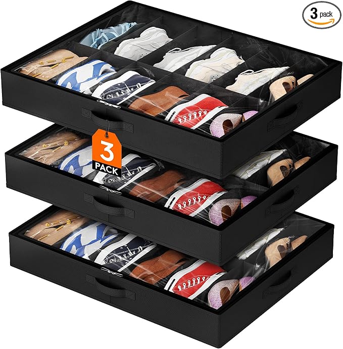 Lifewit Under Bed Shoe Storage Organizer 3 Pack(12 Shoes Cells), 4.3 Inches Profile Fabric Shoes Container Box with Clear Cover, Foldable Storage Bag with 2 Handles, Fits 18 to 36 Pairs