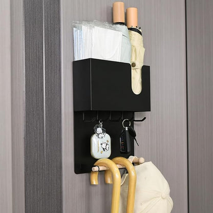 Magnetic Key Holder & Umbrella Holder for Wall, Multi-Functional Entryway Shelf for Tissues. Sturdy Hooks for Keys, Bags. Space Saving Organizer for Apartment, Dorm Room (Black)