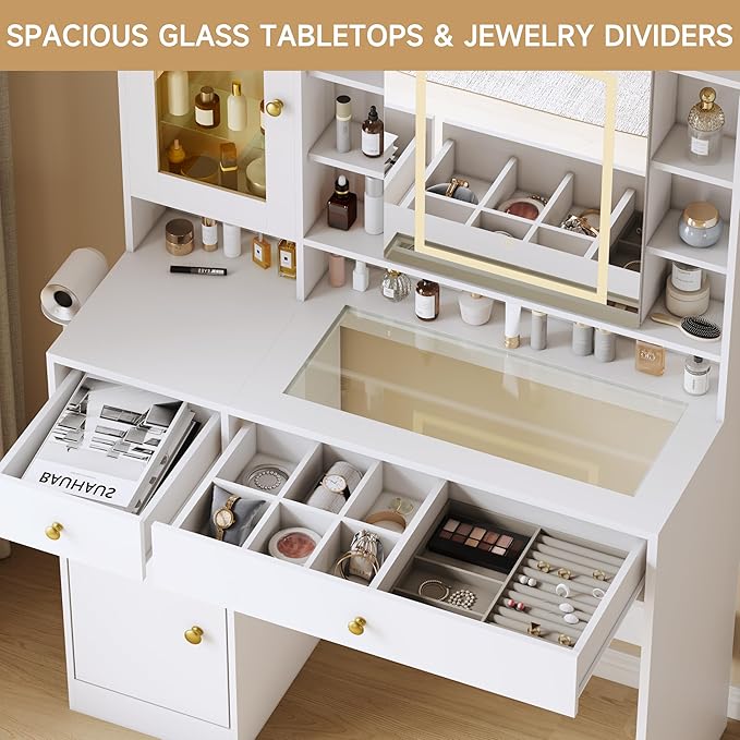 Vanity Desk with Mirror and Lights, White Vanity with Lighted Mirror and RGB Cabinet & Jewelry Organizers, Makeup Vanity Desk with Lights, Glass Top Dressing Table for Girls Bedroom