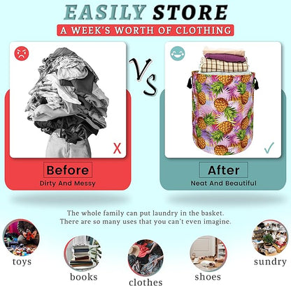 Tropical Pineapples Laundry Basket Foldable With Handles Palm Leaves Tote Bag Oxford Cloth Colorful Laundry Hamper Clothes Toy Storage Bucket For Bathroom/Laundry/Bedroom 18.9" x 16.5 "