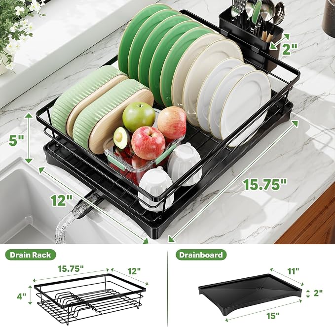 Simple Trending Dish Drying Rack, Space-Saving Dish Rack for Kitchen Counter, Stainless Steel Dish Drainer with Cutlery Holder and Drainboard, 12''W x 17''L, Black