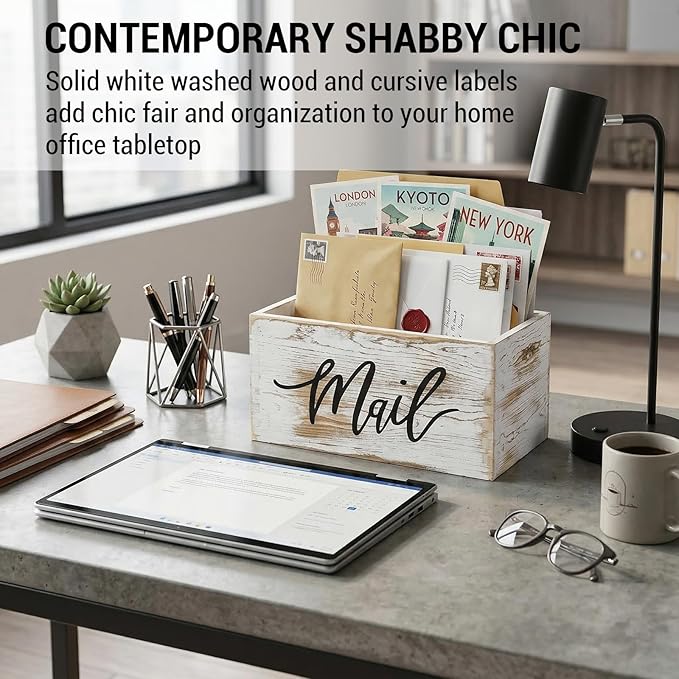 MyGift Mail Holder Storage Organizer Box Whitewashed Wood with MAIL Script Design, Desktop Letters, Bills, Notes and Postcard Bin for Home Office Dorm Room