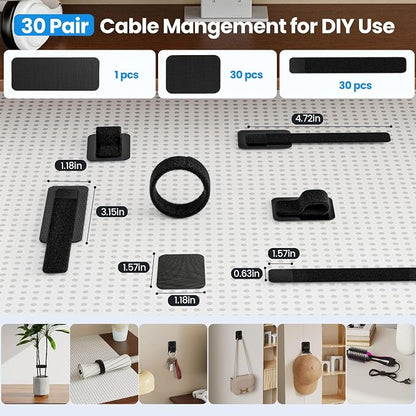 Cable Management Under Desk, 【Up to 15 Cord】【Enhanced Wire Holder】 Cord Organizer Holder, Adjustable Hook and Loop Cable Ties, Wire Clips Under Table Hider, 30 Pair(Black)