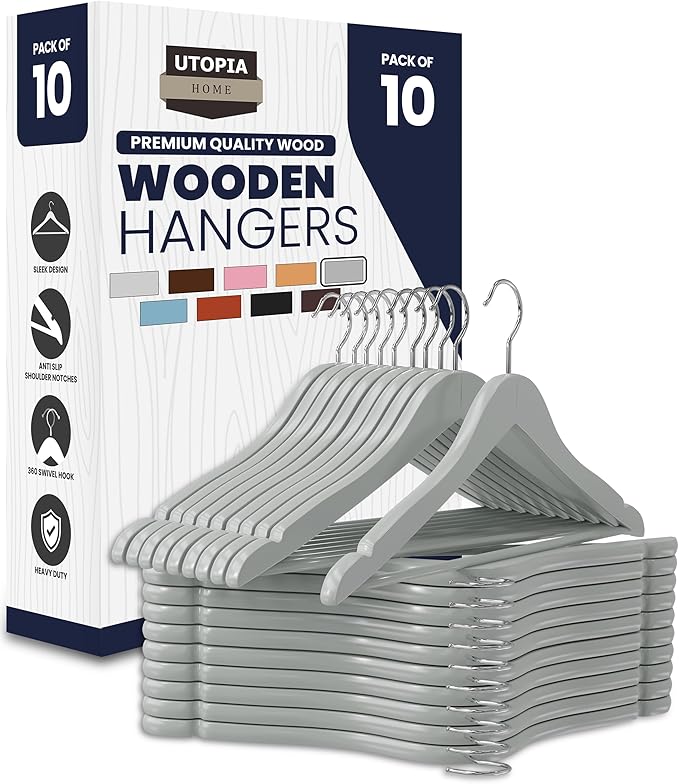 Utopia Home Premium Wooden Hangers 10 Pack - Durable & Slim Coat Hanger - Suit Hangers with 360-Degree Rotatable Hook - Wood Hangers with Shoulder Grooves (Grey Color)