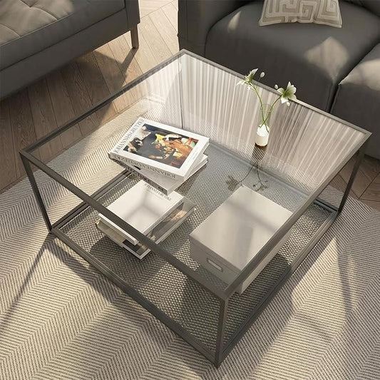 Black Glass Coffee Table, Square Coffee Tables with Storage Shelf, Simple Tea Cocktail Modern Center Tables for Small Space, Living Room, Easy Assembly, 26 * 26in（Black）