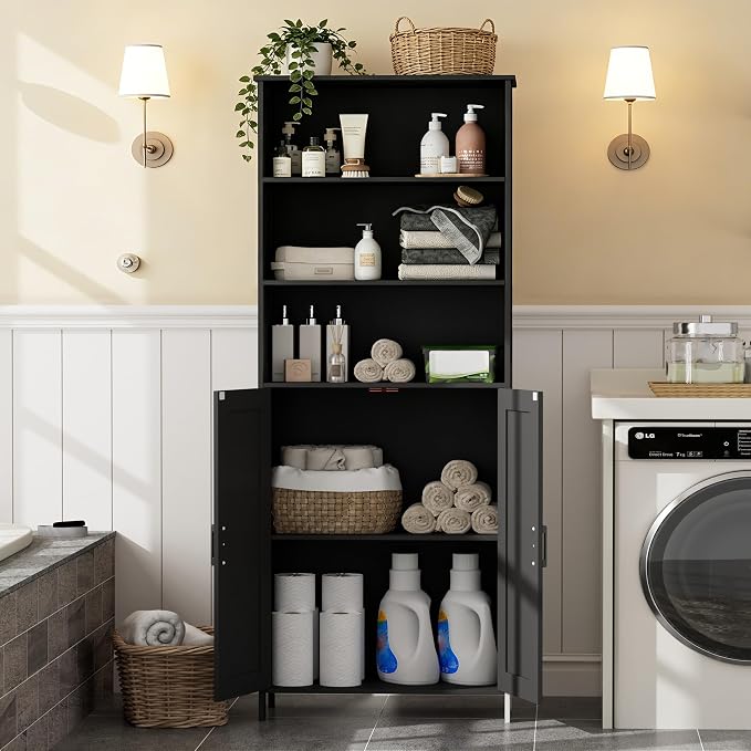 Homhedy 67" Tall Bathroom Storage Cabinet, Freestanding Farmhouse Cabinet with 2 Doors and Adjustable Shelf, Bathroom Organizers and Storage for Kitchen, Living Room, Laundry Room, Black