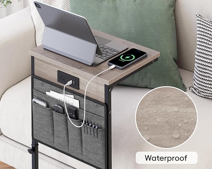 Vagusicc C Shaped End Table with Charging Station, 33"Tall C Table End Table Adjustable Height Side Table for Couch, Sofa Table Slide Under Couch Table TV Tray Arm Table for Living Room, Bedroom, Grey