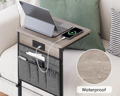 Vagusicc C Shaped End Table with Charging Station, 33"Tall C Table End Table Adjustable Height Side Table for Couch, Sofa Table Slide Under Couch Table TV Tray Arm Table for Living Room, Bedroom, Grey