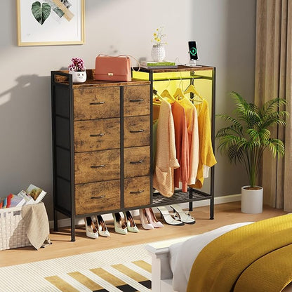 Dresser with Hanging Rack, 8-Drawer Dresser for Bedroom with Charging Station & LED Lights, Kids Dressers with Shoe Rack, Rustic Brown, 11.8" D x 42" W x 42.7" H (8 Drawers)