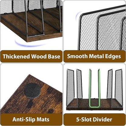 LEKETREE Desk File Organizer, 5-Section Upright File Sorter, Vertical File Folder Holder, Mesh Metal Wood Office Desktop Organization for Document, Magazine, Books and more (Wood and Black)