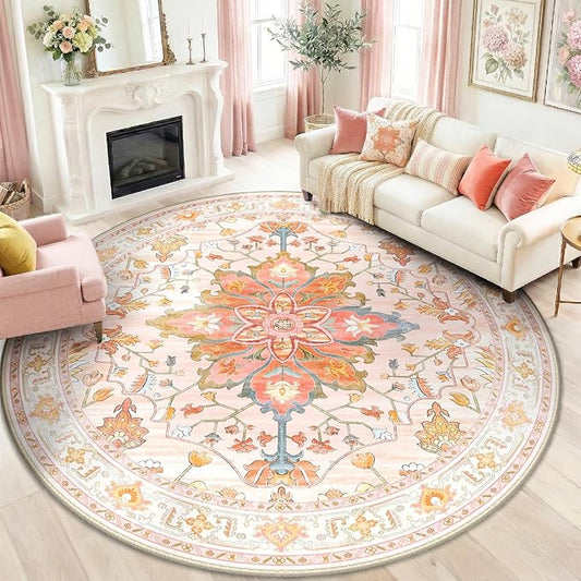 RELEANY Area Rugs Round 8ft Washable Non-Slip, Floral Vintage Distress Medallion Carpet for Living Room Bedroom Dining Room, Light Pink Colorful