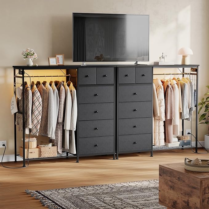 OLIXIS 6 Storage for Bedroom with Hanging Rack with LED Lights & Charging Station, Fabric Chest of Storage with Rack, Wooden Top, for Home Living Room Entryway Grey