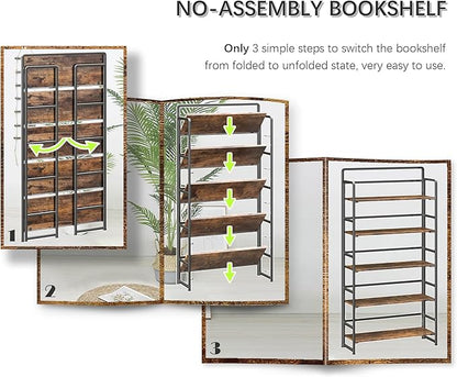 4NM No Assembly Extra Wide 5 Tiers Folding Bookshelf Storage Shelves Vintage Bookcase Standing Racks Study Organizer Home Office (Rustic Brown Black)