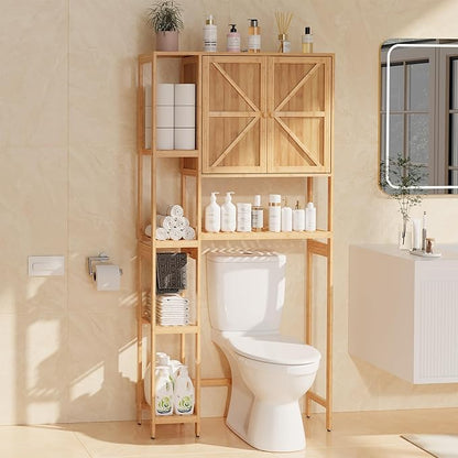 Bamboo Over The Toilet Storage, Above Toilet Organizer Storage Shelf Stand, Tall Freestanding Behind Toilet Rack, Tiered Bathroom Space Saver Shelving, Easy Assembly (Natural)