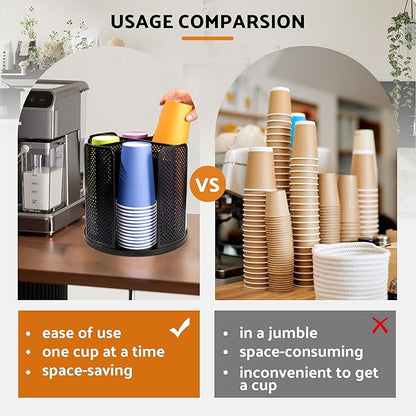 Rotating Paper Cup Dispenser, Cup Holder with 4 Compartments, Disposable Coffee Cup Dispenser Removable, Plastic Cup Storage & Lid Holder for Countertops, Kitchen, Coffee Stations (Black)