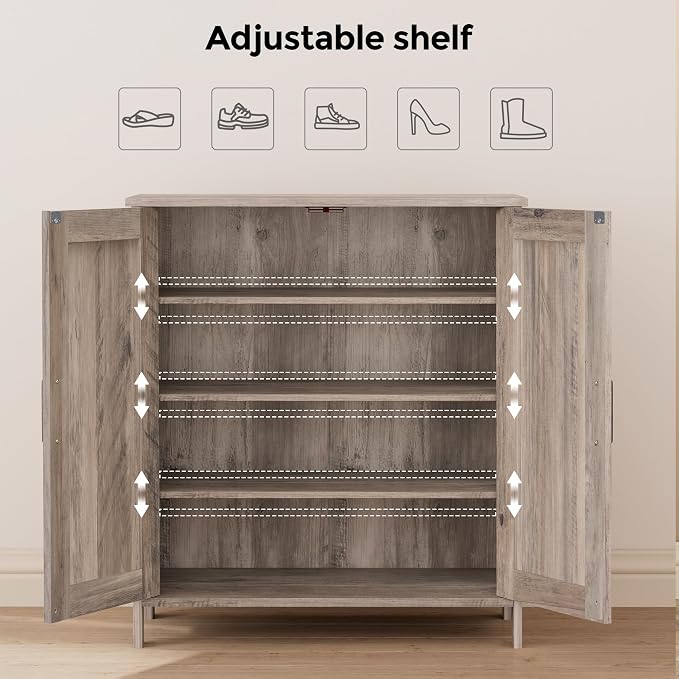 Homleke Farmhouse Shoe Cabinet with 2 Barn Doors & Wood Legs, 5-Tier Shoe Storage Cabinet with 3 Adjustable Shelves, Tall Shoe Rack Organizer for Closet, Shoe Organizer for Entryway, Hallway, Greige